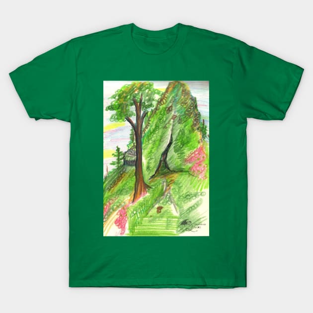 Green Grass Forest Land Trees Cave Mountain Woods Pink Sky Rock Colored Pencil T-Shirt by pegacorna
